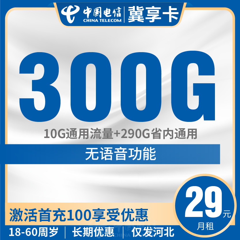 电信冀享卡套餐29元月包10G通用+290G省内通用+无语音功能