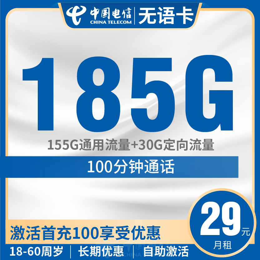 电信无语卡套餐29元月包155G通用+30G定向+100分钟通话